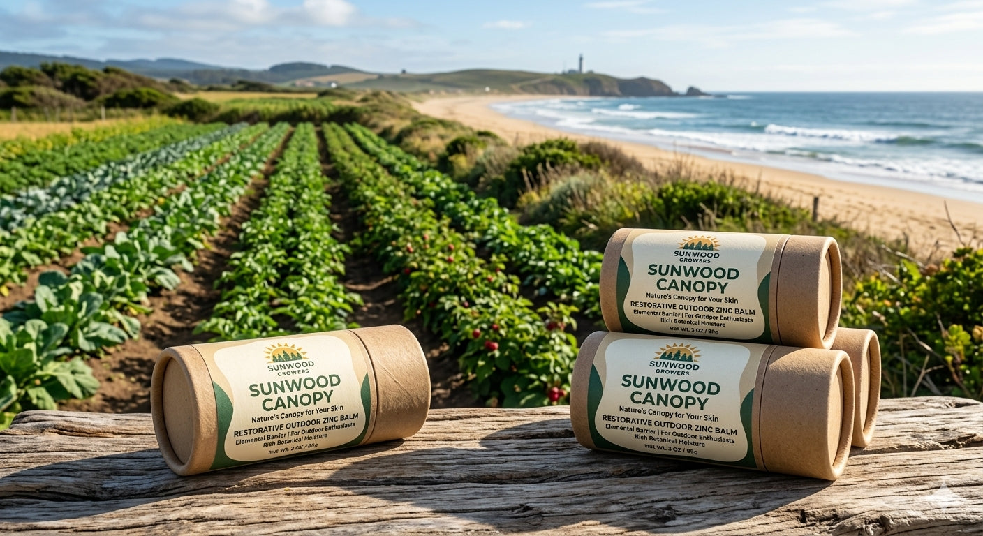 Sunwood Canopy Restorative Zinc Skin Balm cylinders displayed on driftwood with farm fields and California coastline in the background