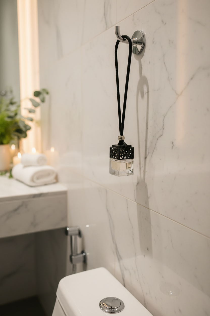 Black diffuser hanging near toilet