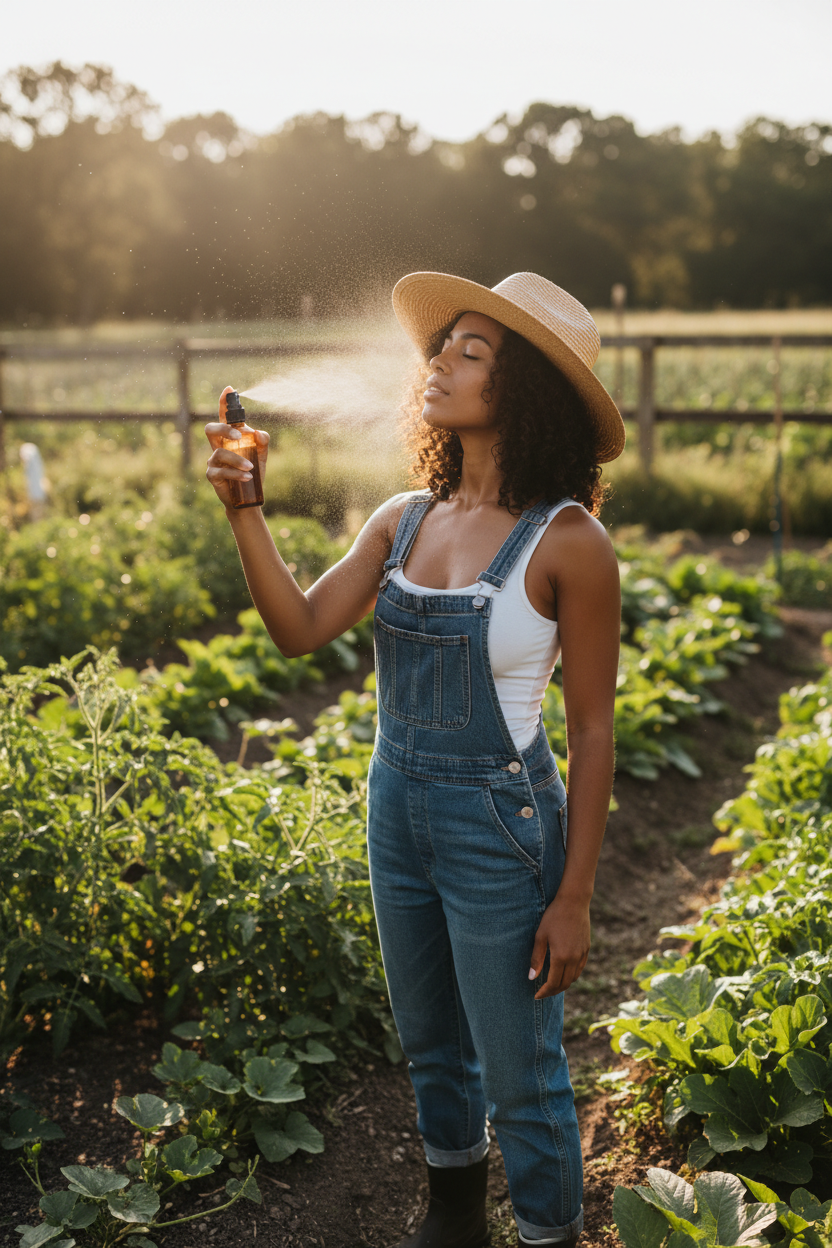 Woman of color working in vegetable garden spraying Sunwood Mist on a hot sunny day