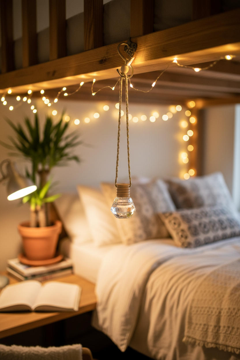 Sunwood Aura Diamond Faceted Glass diffuser in a cozy college dorm room