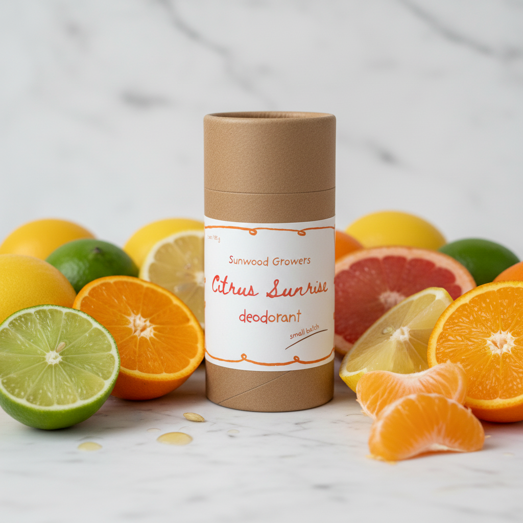 Sunwood Growers Citrus Sunrise Deodorant close-up with fresh citrus fruits