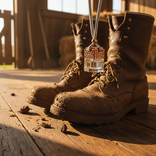 Sunwood Aura rose gold diffuser hanging near farmer's work boots