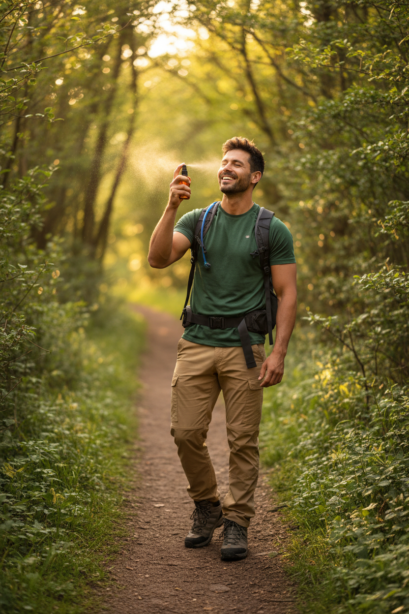 Man hiking and spraying Sunwood Mist